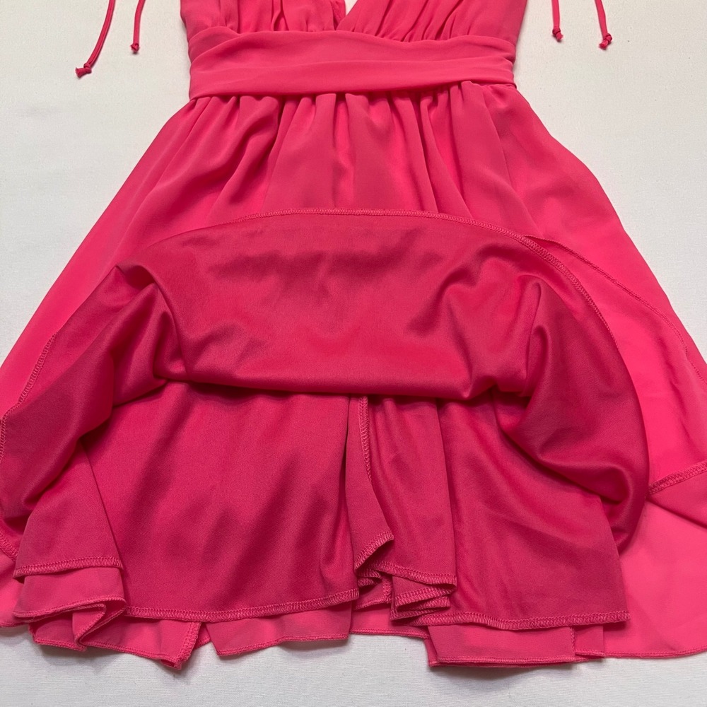 Lucy In The Sky Los Angeles Hot Pink Tie Shoulder Deep V Mini Dress Size L - Picture 6 of 9